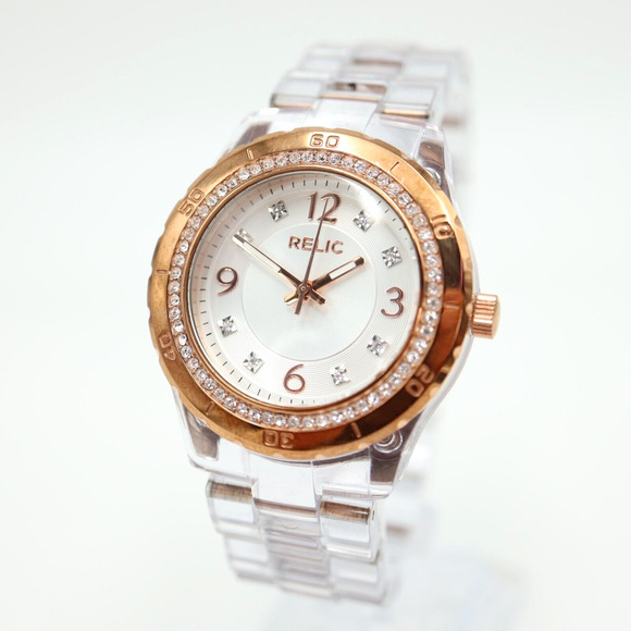 Relic by Fossil Women Watch Clear Rose Gold Tone 34mm Dial Jewel Bezel ZR11901 - Picture 1 of 16